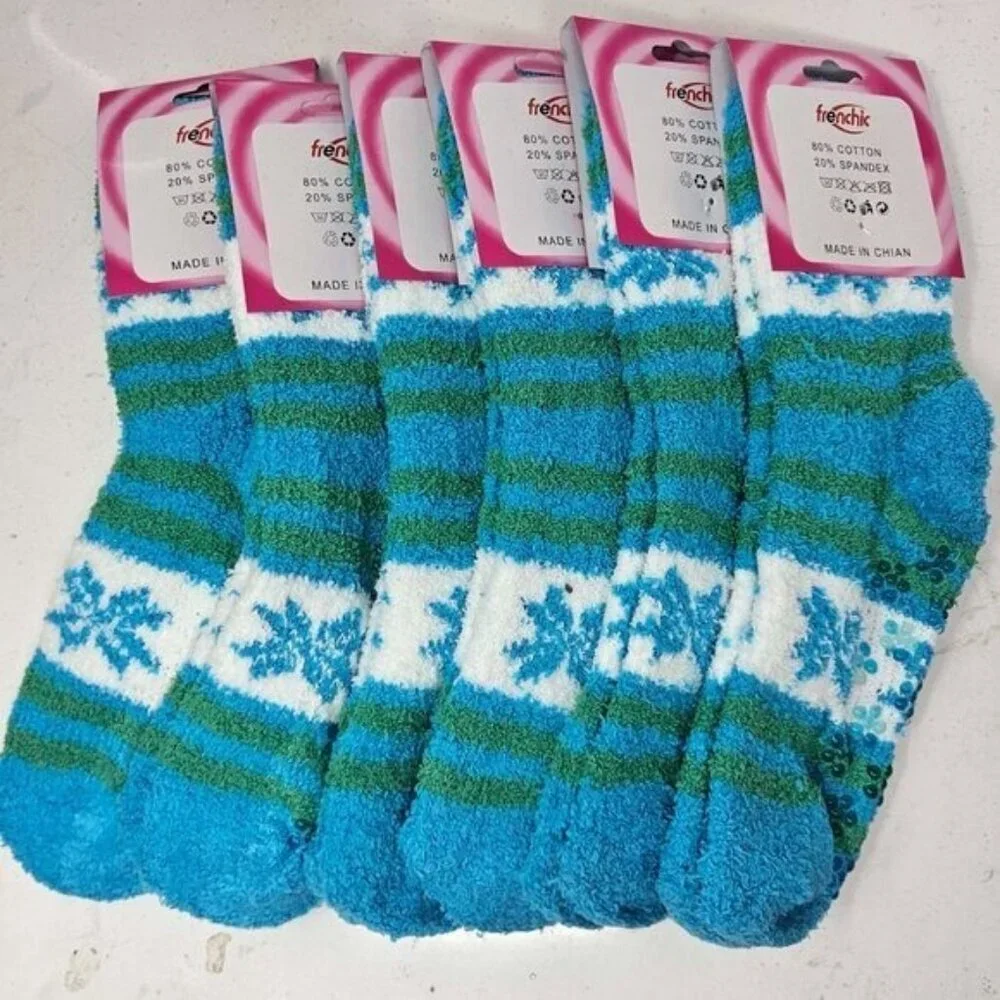 6 Pairs x Women Fuzzy Slipper Socks Soft Cozy Non-Slip House Grips Sox Size 9-11